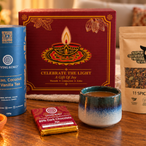 Living Koko Diwali gift box with cacao husk tea, Chai Walli chai, dark chocolate, ceramic cup and clay diya.